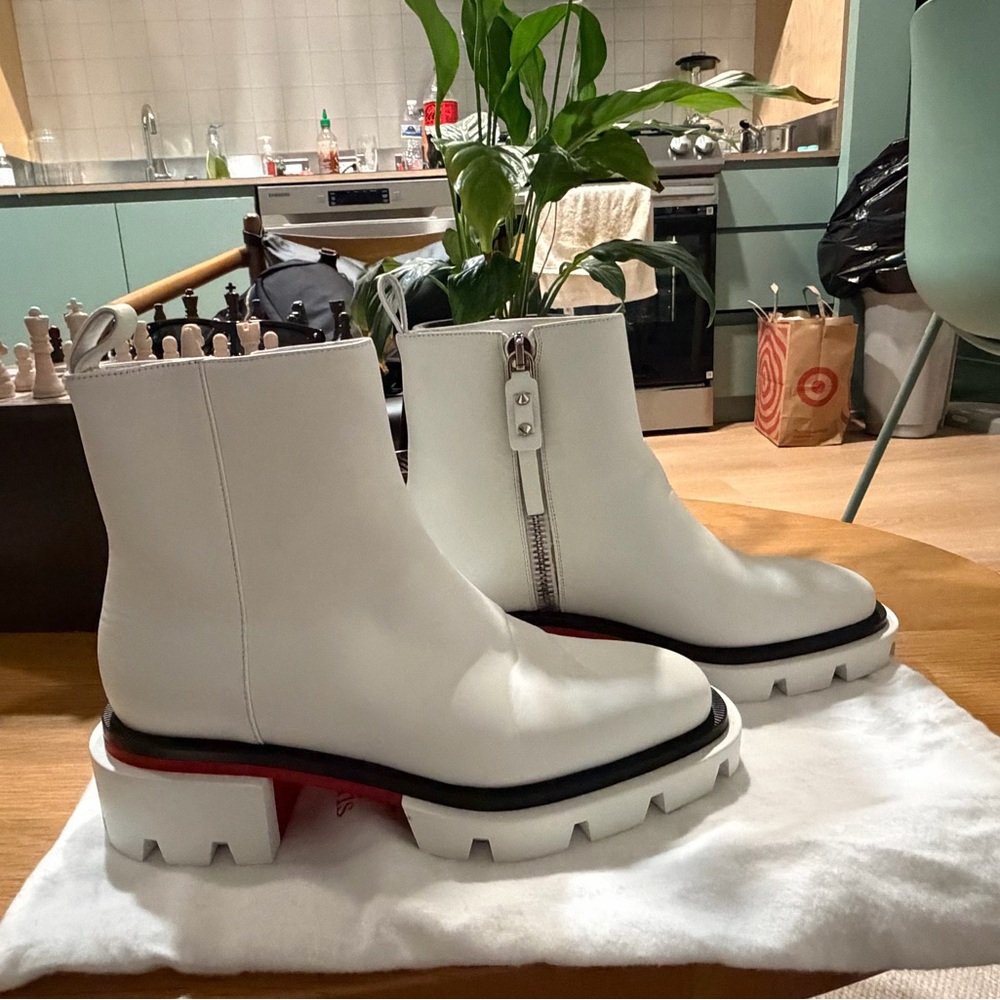 Christian Louboutin White Ankle Boots with Red Soles